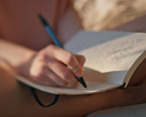 Hands writing personal journal in sunlight closeup. Calm girl rest morning bed noting creative ideas thoughts in diary. Unrecognized woman teenager holding pen making notes. Wish list schedule concept