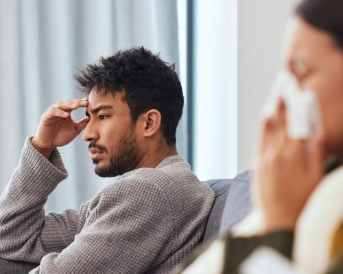 Counselling, conflict and couple with therapy, divorce and anxiety with crying, crisis and marriage. People, psychology and man with woman, stress and depression with relationship, sad and frustrated.